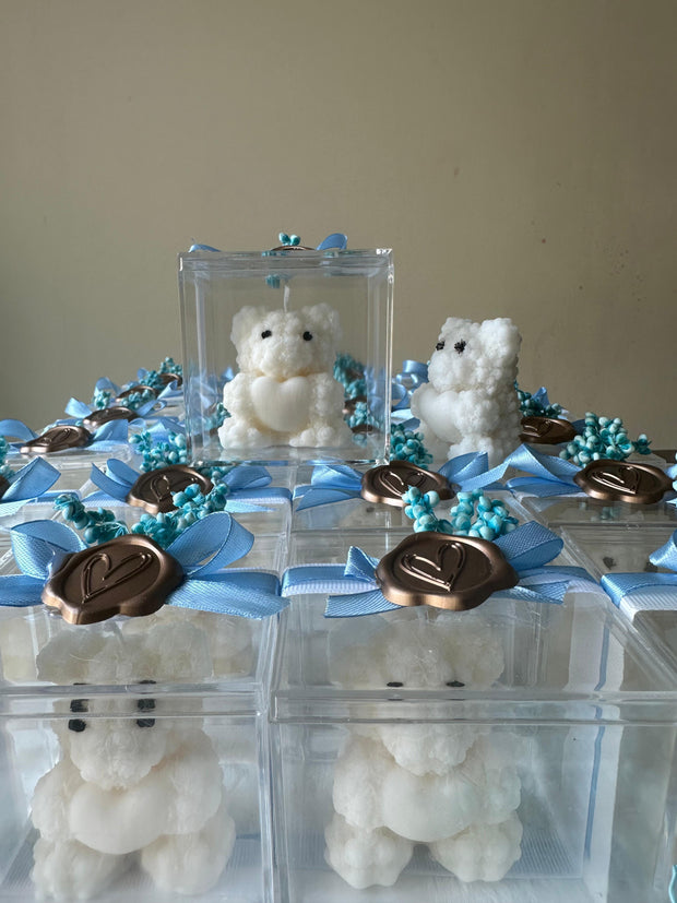 White teddy pillar candle